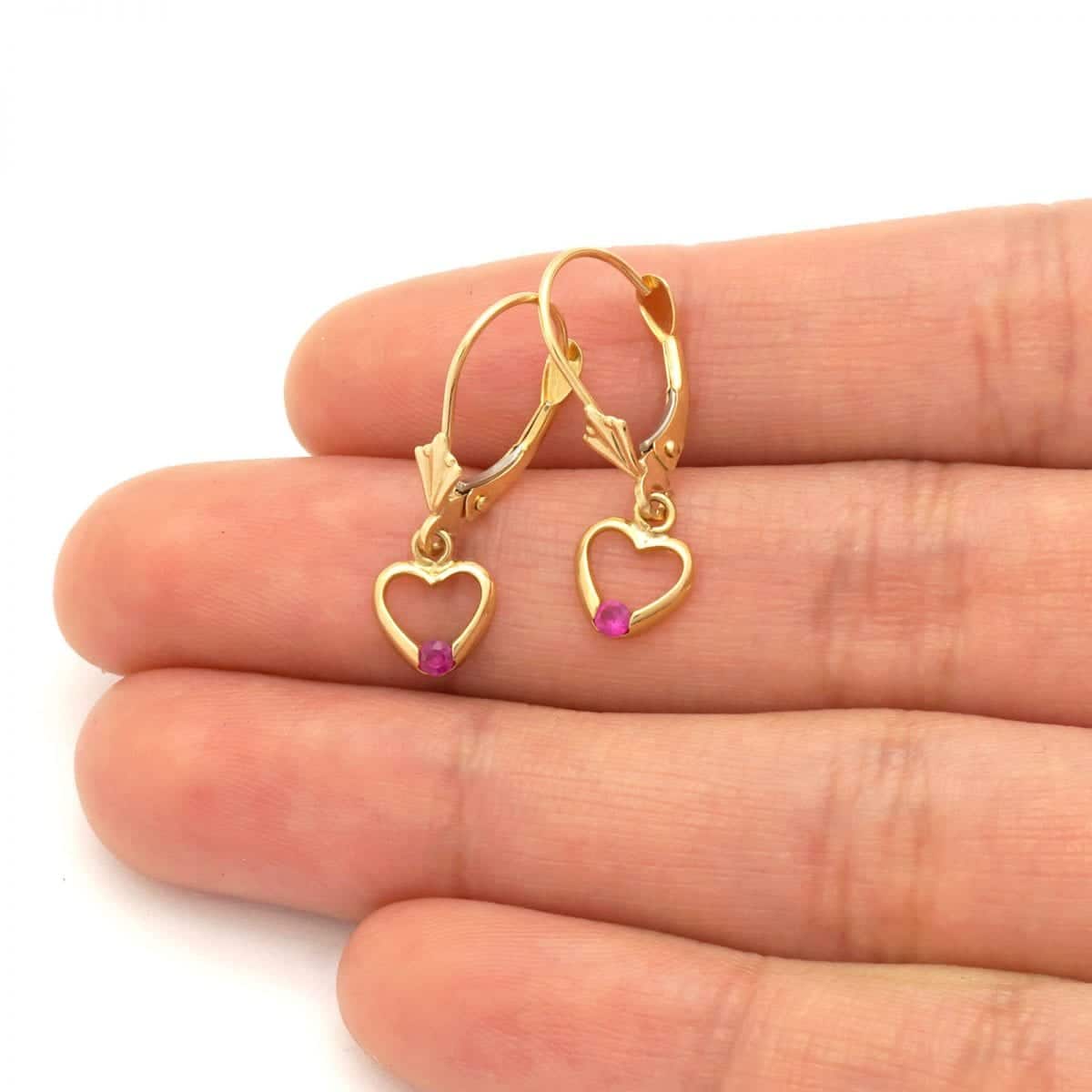 14K Real Gold Birthstone Open Heart Drop Leverback Earrings