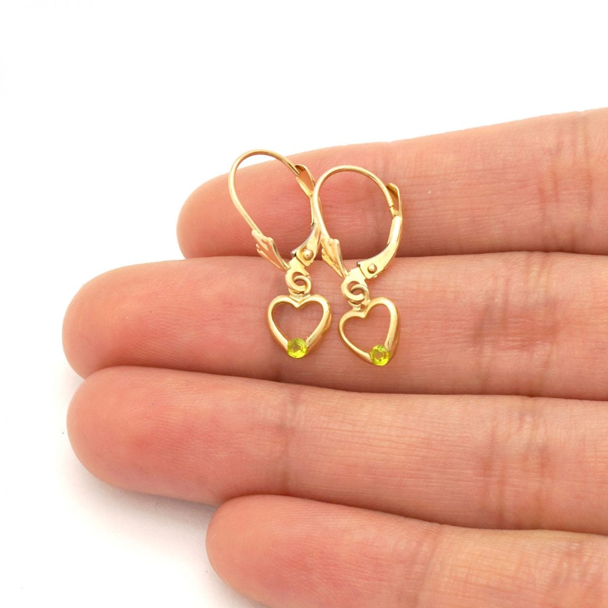 14K Real Gold Birthstone Open Heart Drop Leverback Earrings