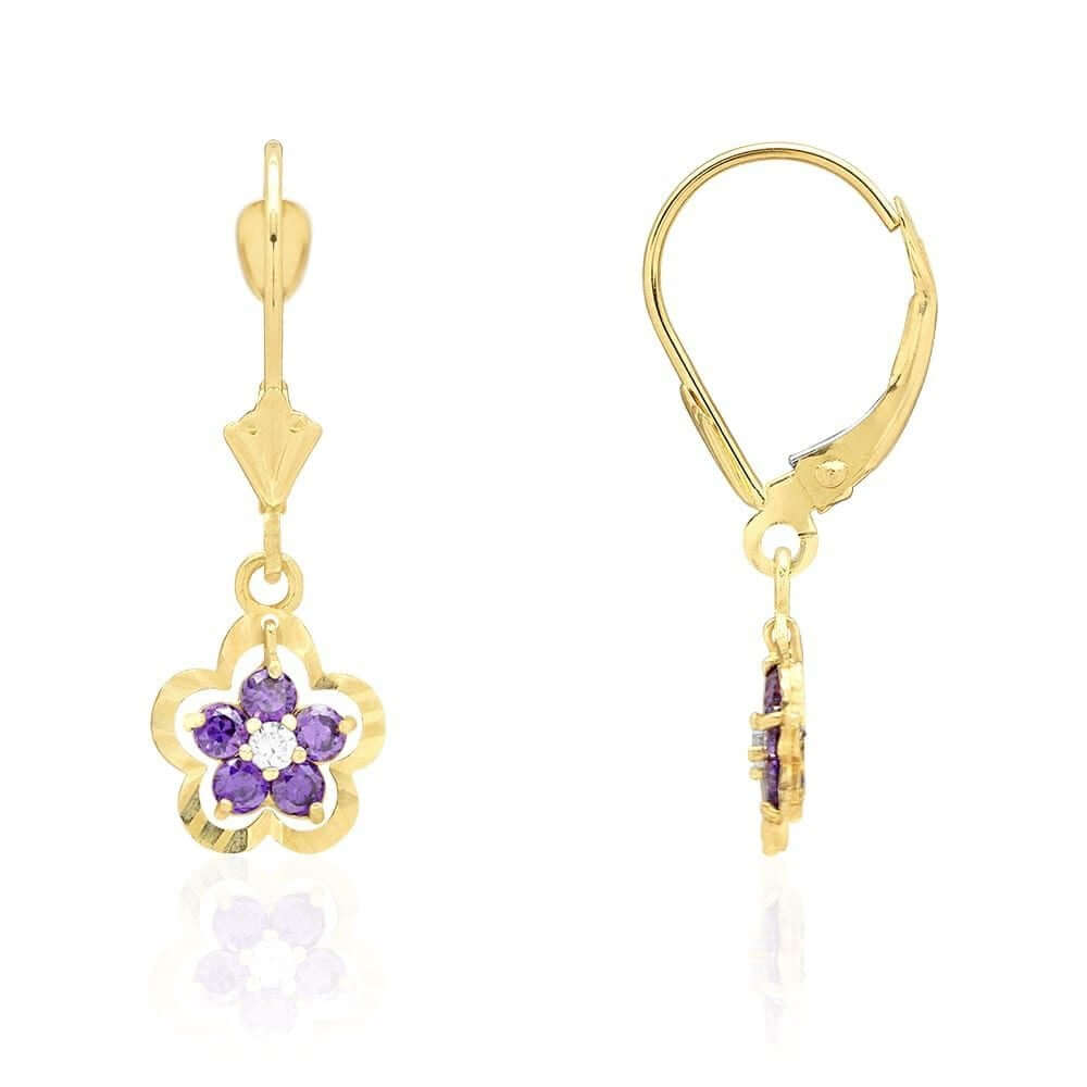 14K Gold Yellow White Birthstone Flower Shaped Drop Leverback Earrings