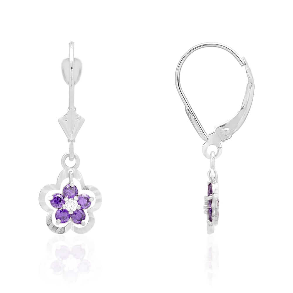 14K Gold Yellow White Birthstone Flower Shaped Drop Leverback Earrings