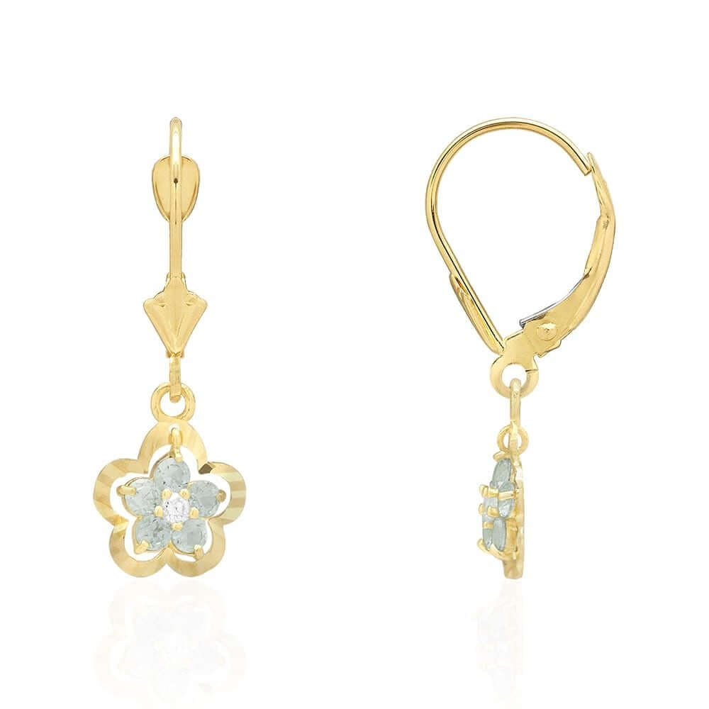14K Gold Yellow White Birthstone Flower Shaped Drop Leverback Earrings