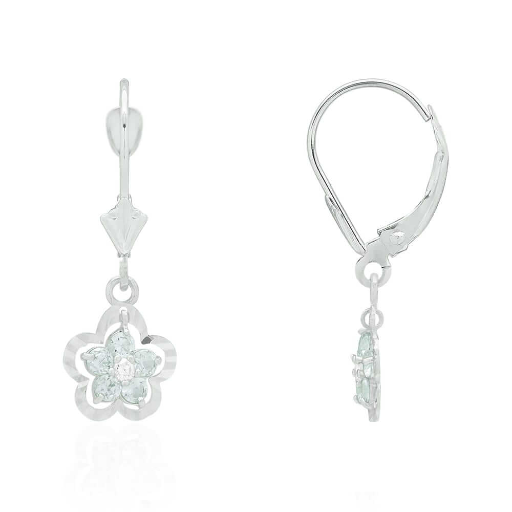14K Gold Yellow White Birthstone Flower Shaped Drop Leverback Earrings