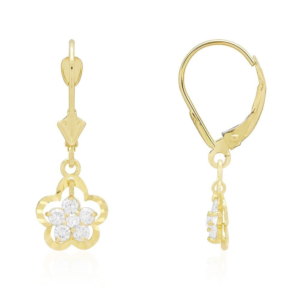 14K Real Gold Yellow White Birthstone Flower Shaped Drop Leverback Earrings