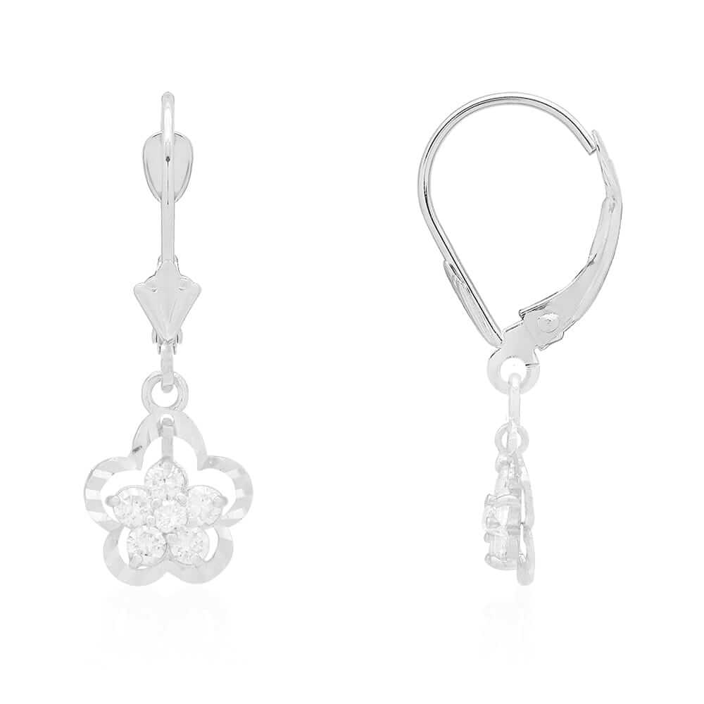 14K Gold Yellow White Birthstone Flower Shaped Drop Leverback Earrings