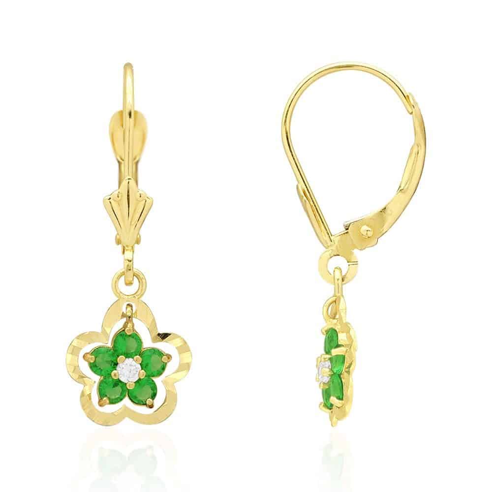 14K Real Gold Yellow White Birthstone Flower Shaped Drop Leverback Earrings