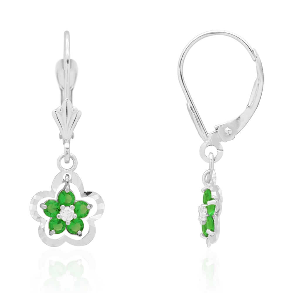 14K Gold Yellow White Birthstone Flower Shaped Drop Leverback Earrings