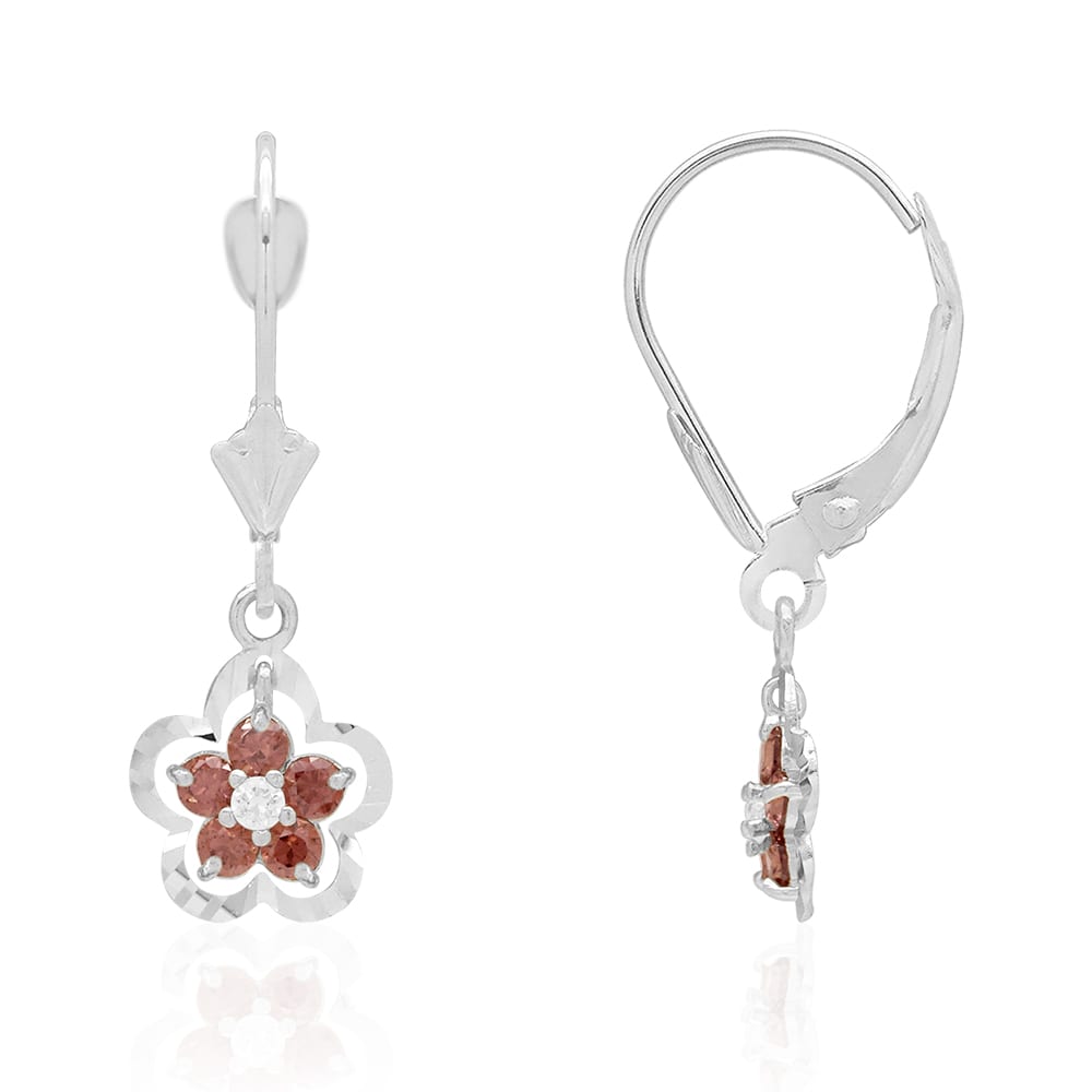 14K Real Gold Yellow White Birthstone Flower Shaped Drop Leverback Earrings