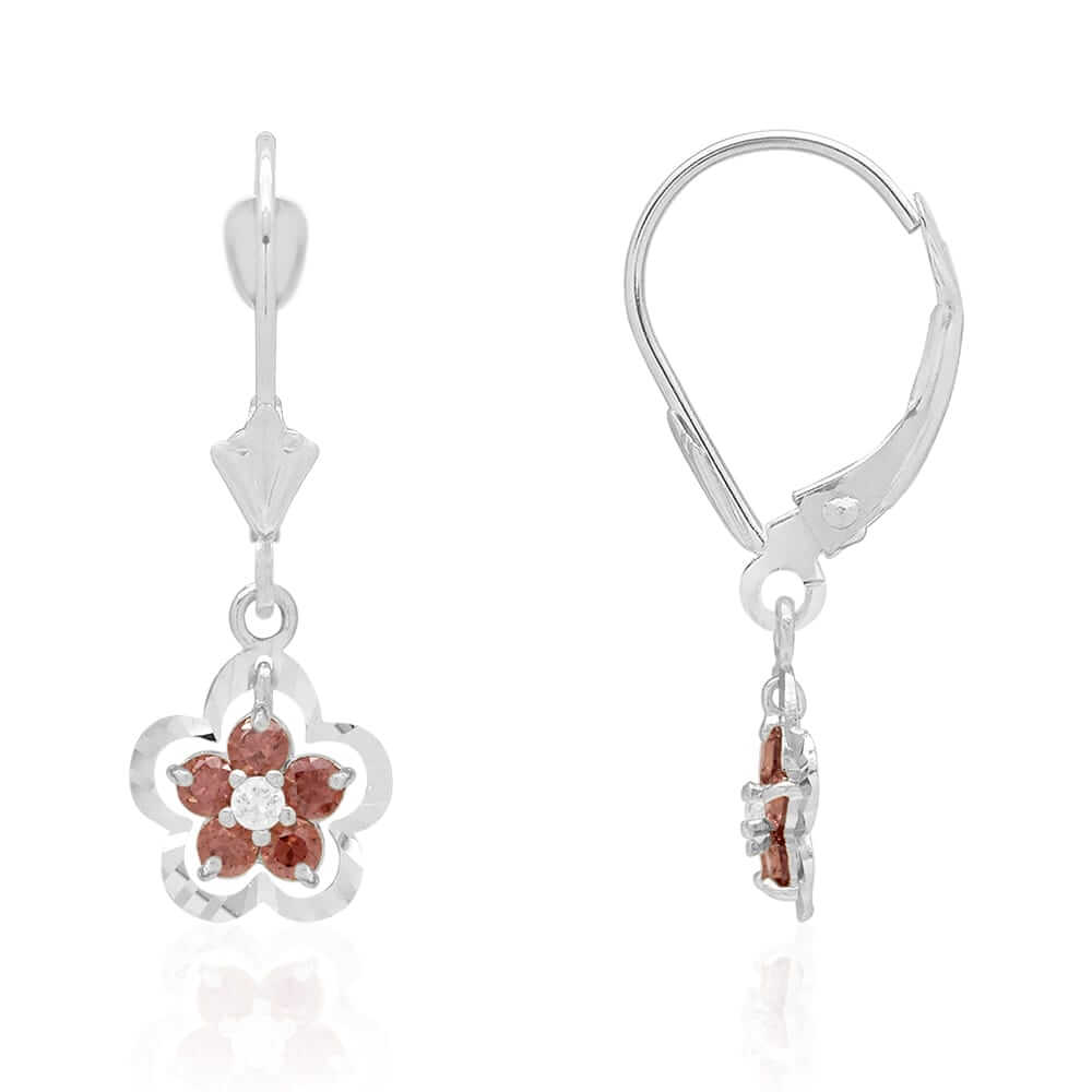 14K Gold Yellow White Birthstone Flower Shaped Drop Leverback Earrings