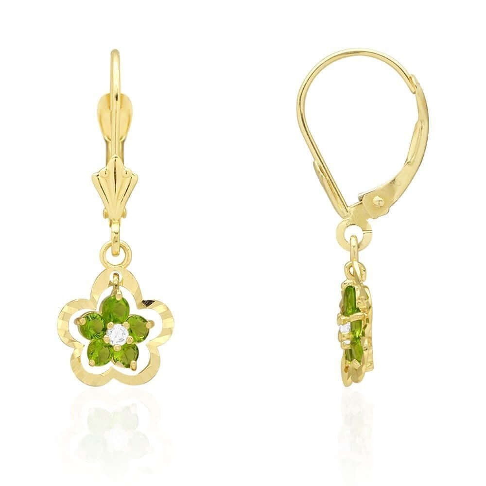14K Gold Yellow White Birthstone Flower Shaped Drop Leverback Earrings