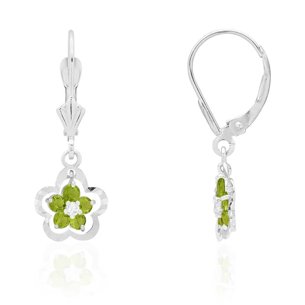 14K Gold Yellow White Birthstone Flower Shaped Drop Leverback Earrings