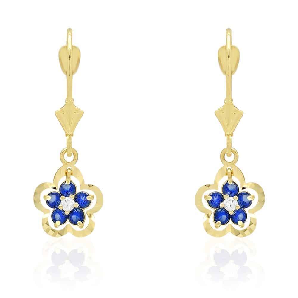14K Real Gold Yellow White Birthstone Flower Shaped Drop Leverback Earrings