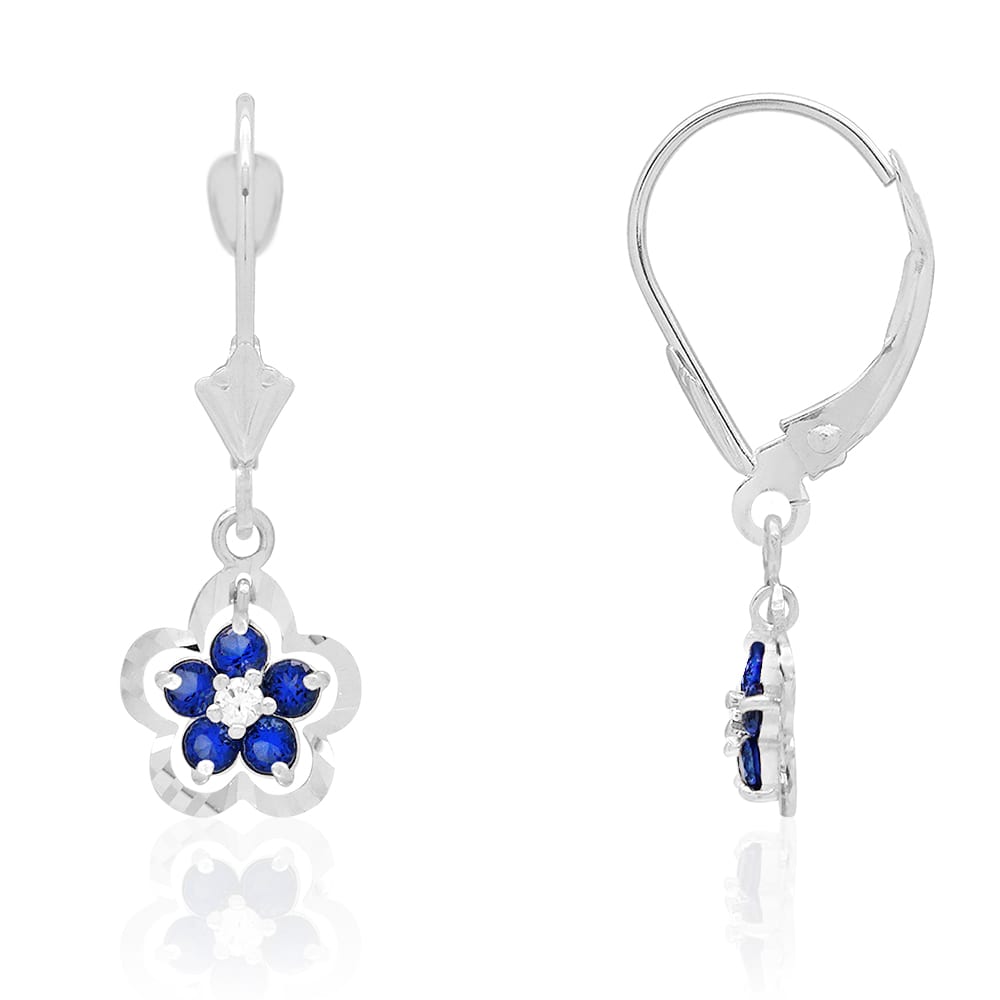 14K Real Gold Yellow White Birthstone Flower Shaped Drop Leverback Earrings