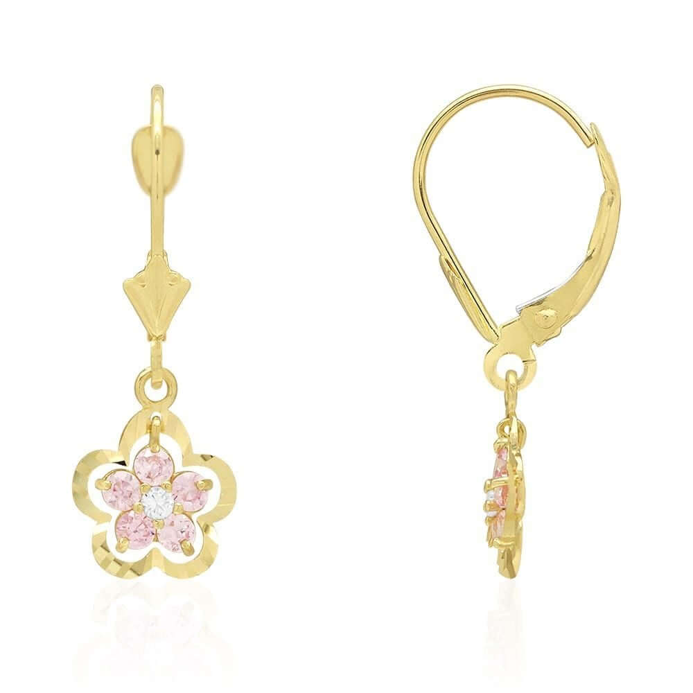 14K Gold Yellow White Birthstone Flower Shaped Drop Leverback Earrings
