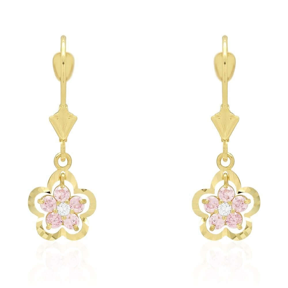 14K Gold Yellow White Birthstone Flower Shaped Drop Leverback Earrings