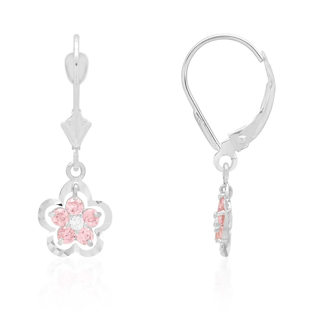 14K Gold Yellow White Birthstone Flower Shaped Drop Leverback Earrings