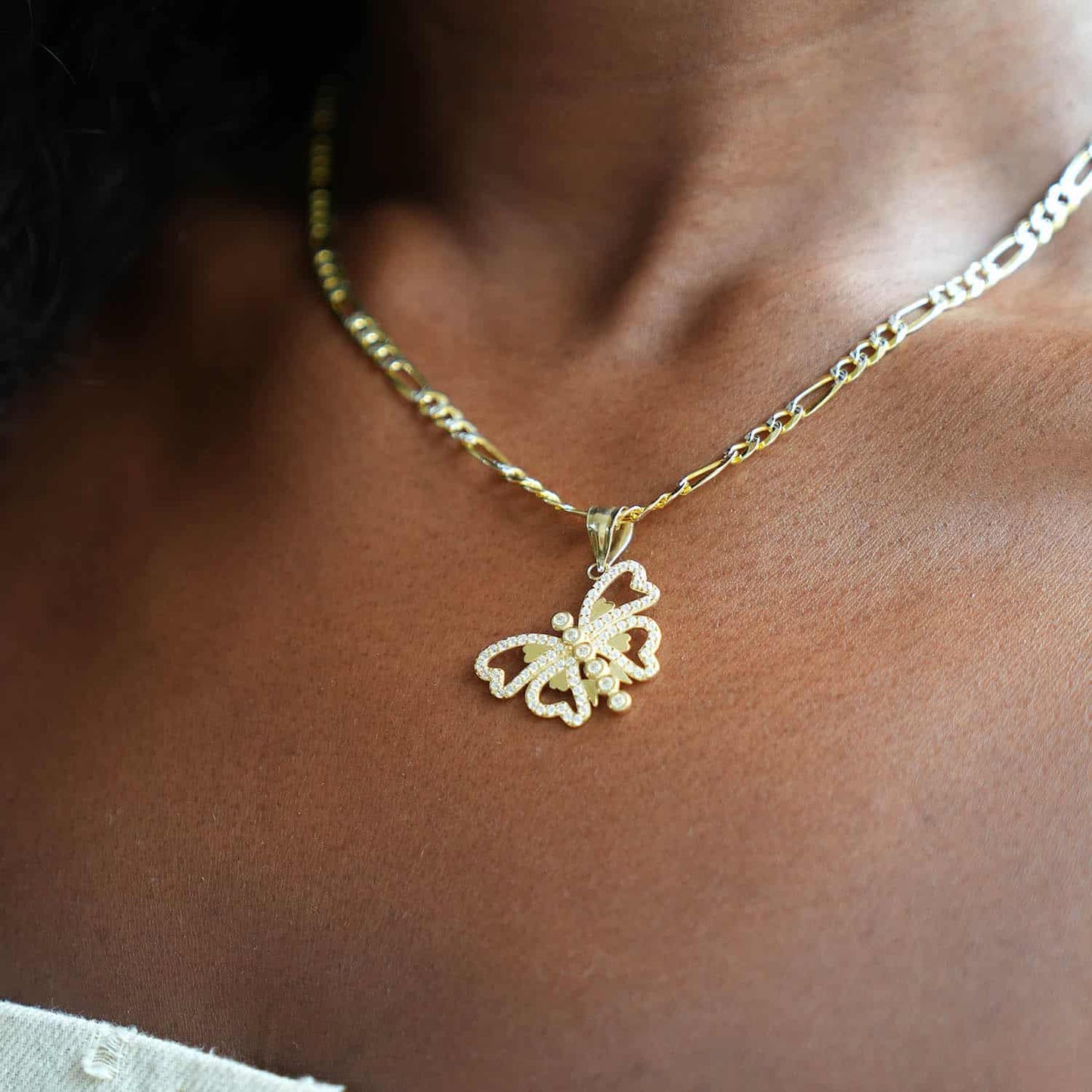 14K Yellow Gold CZ Butterfly and Hearts Pendant 1.2"