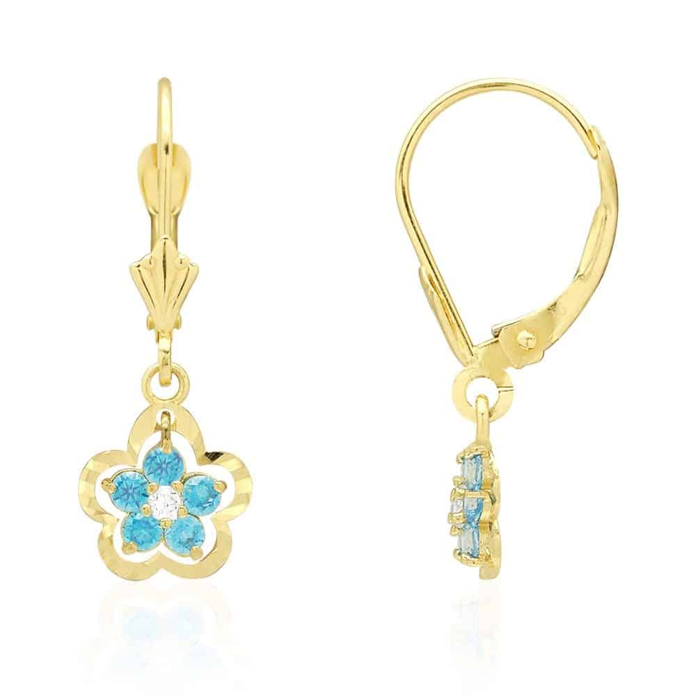 14K Real Gold Yellow White Birthstone Flower Shaped Drop Leverback Earrings