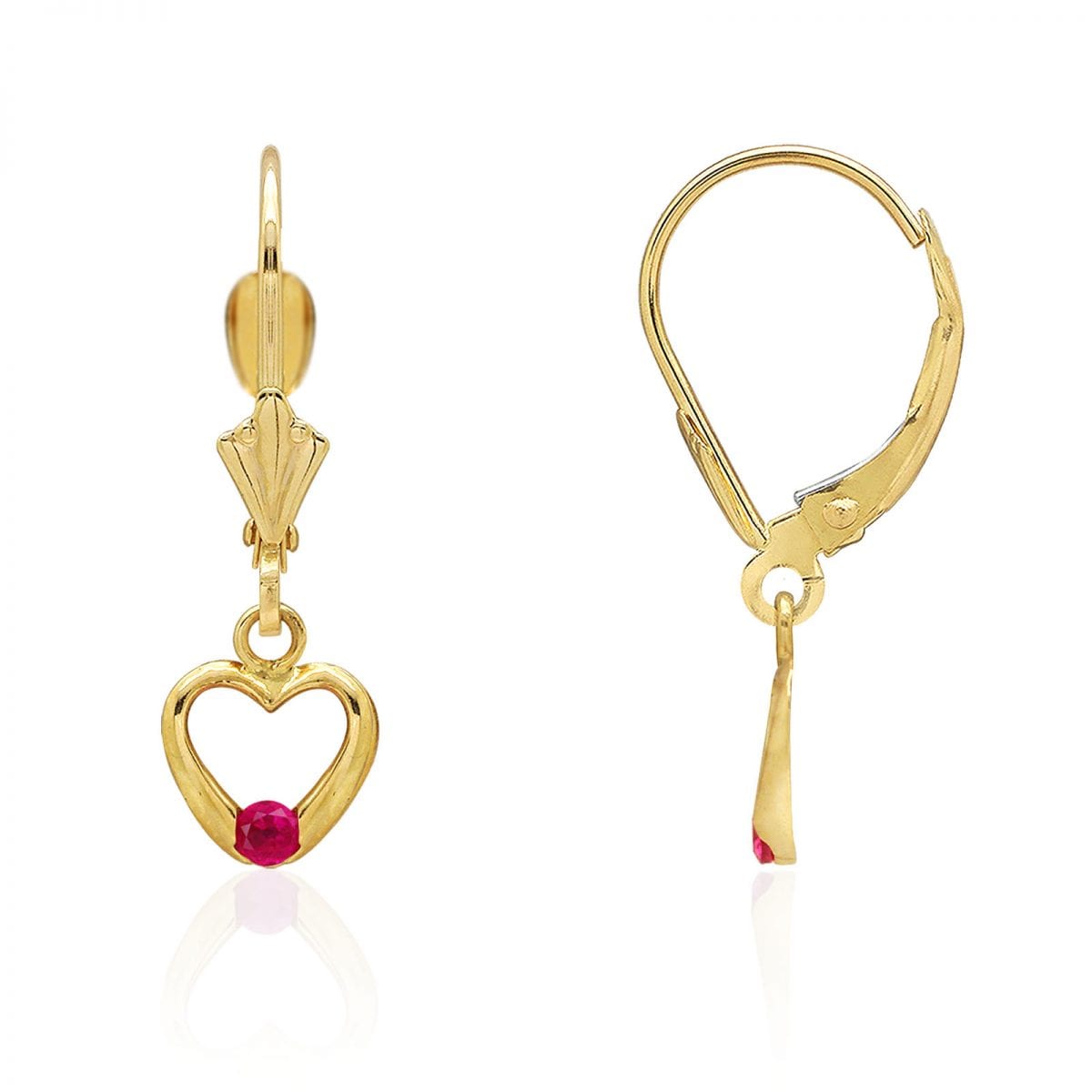 14K Real Gold Birthstone Open Heart Drop Leverback Earrings