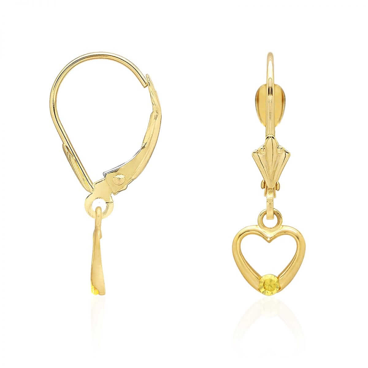14K Gold Birthstone Open Heart Drop Leverback Earrings