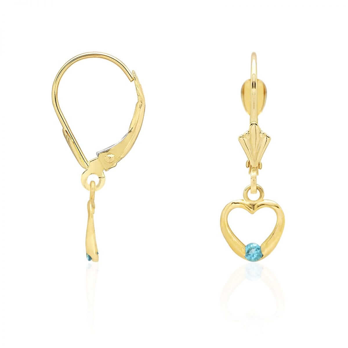 14K Gold Birthstone Open Heart Drop Leverback Earrings