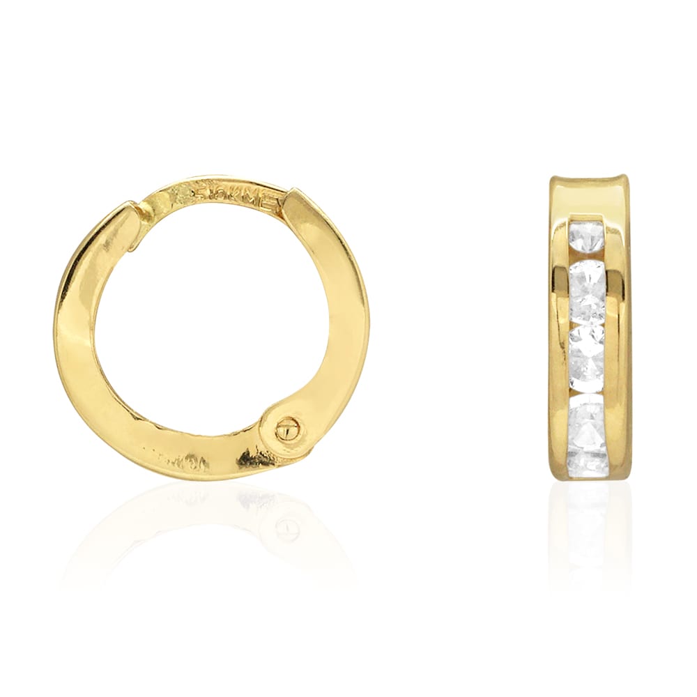 White Created Diamond Cut 10k Yellow Gold Round Huggie Hoop Earrings 10mm