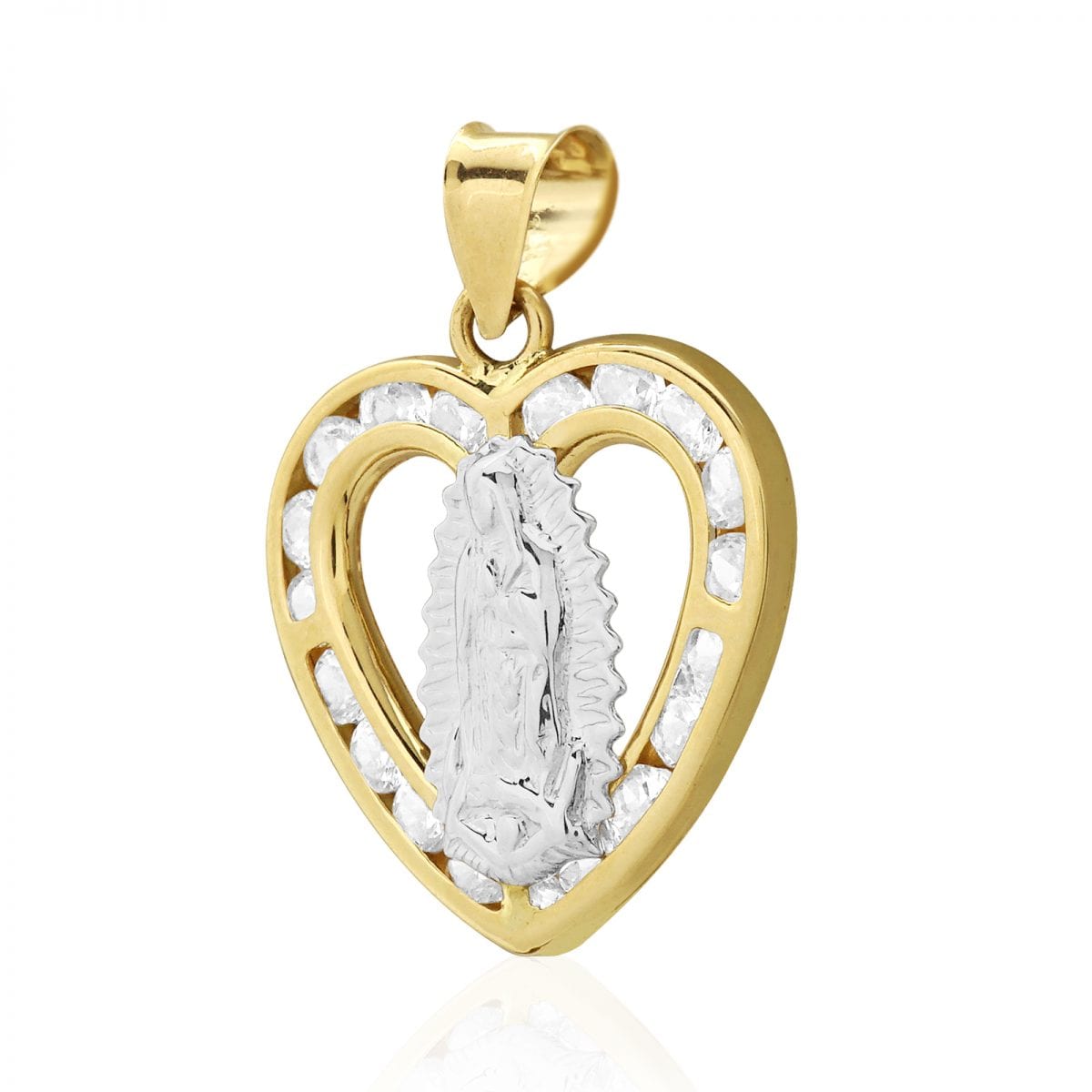10k Yellow & White Gold CZ Virgin Guadalupe Heart Pendant 0.87"