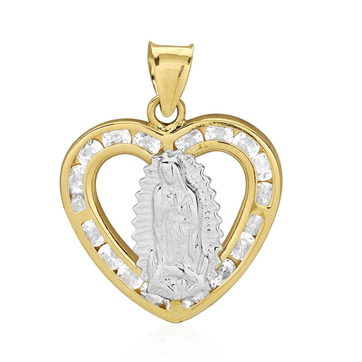 10k Yellow & White Gold CZ Virgin Guadalupe Heart Pendant 0.87"