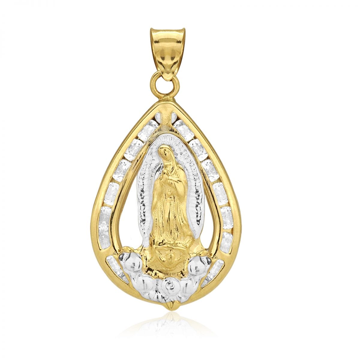 10k Yellow and White Gold Created Diamond Virgin Mary Teardrop Medallion Pendant