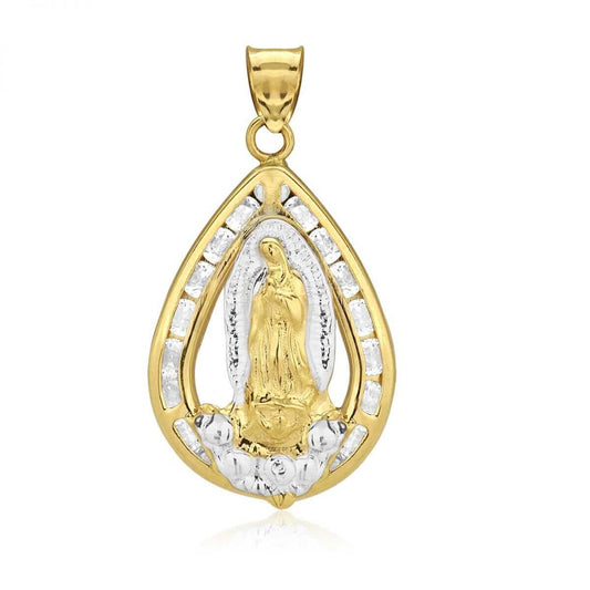 10k Yellow and White Gold CZ Virgin Mary Teardrop Medallion Pendant