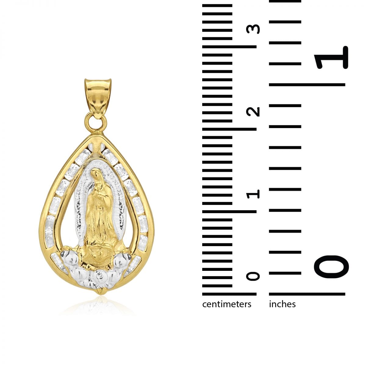 10k Yellow and White Gold Created Diamond Virgin Mary Teardrop Medallion Pendant