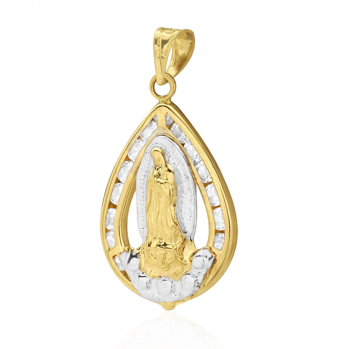 10k Yellow and White Gold Created Diamond Virgin Mary Teardrop Medallion Pendant