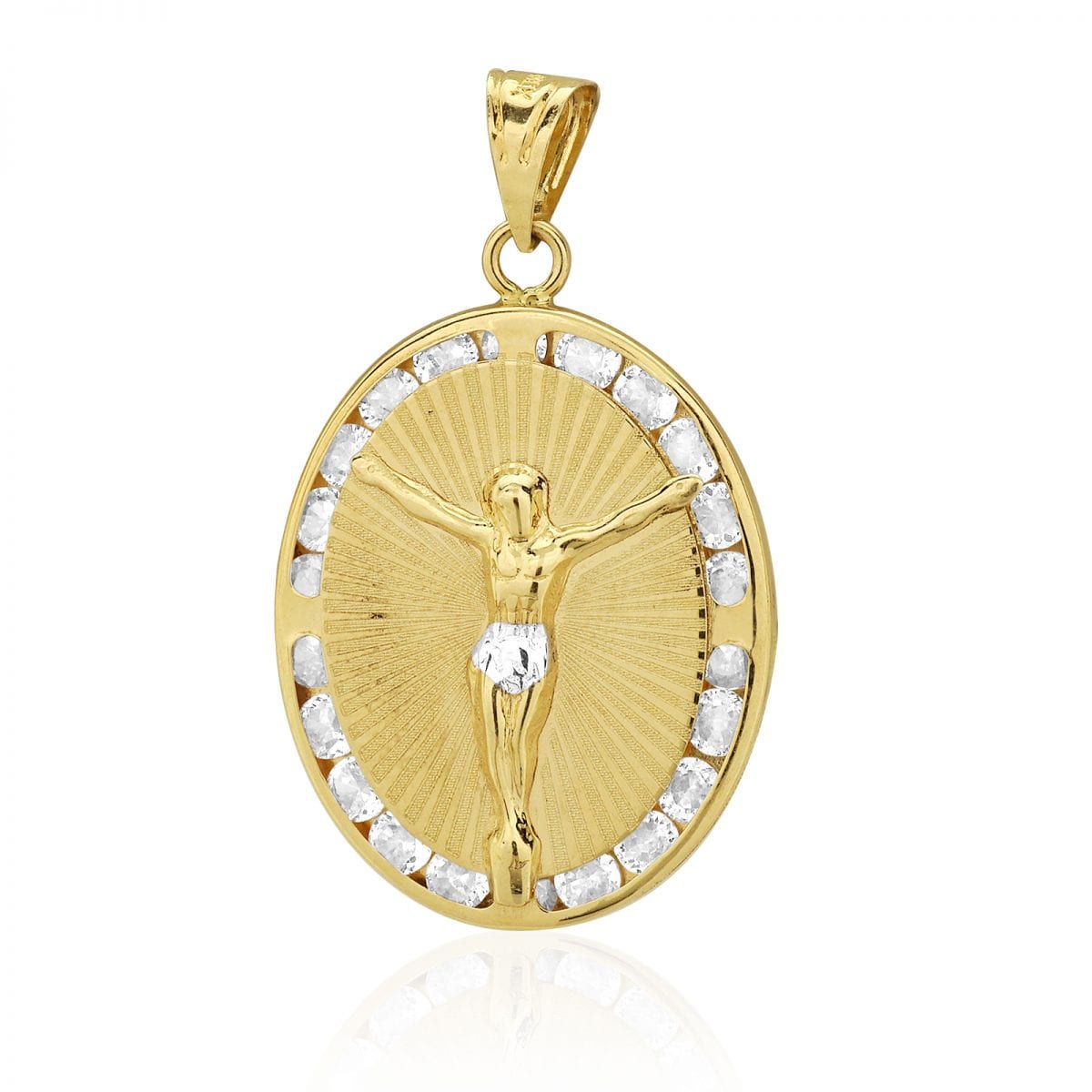 10k Yellow Gold CZ Jesus Laser Oval Medallion Pendant 1.18"