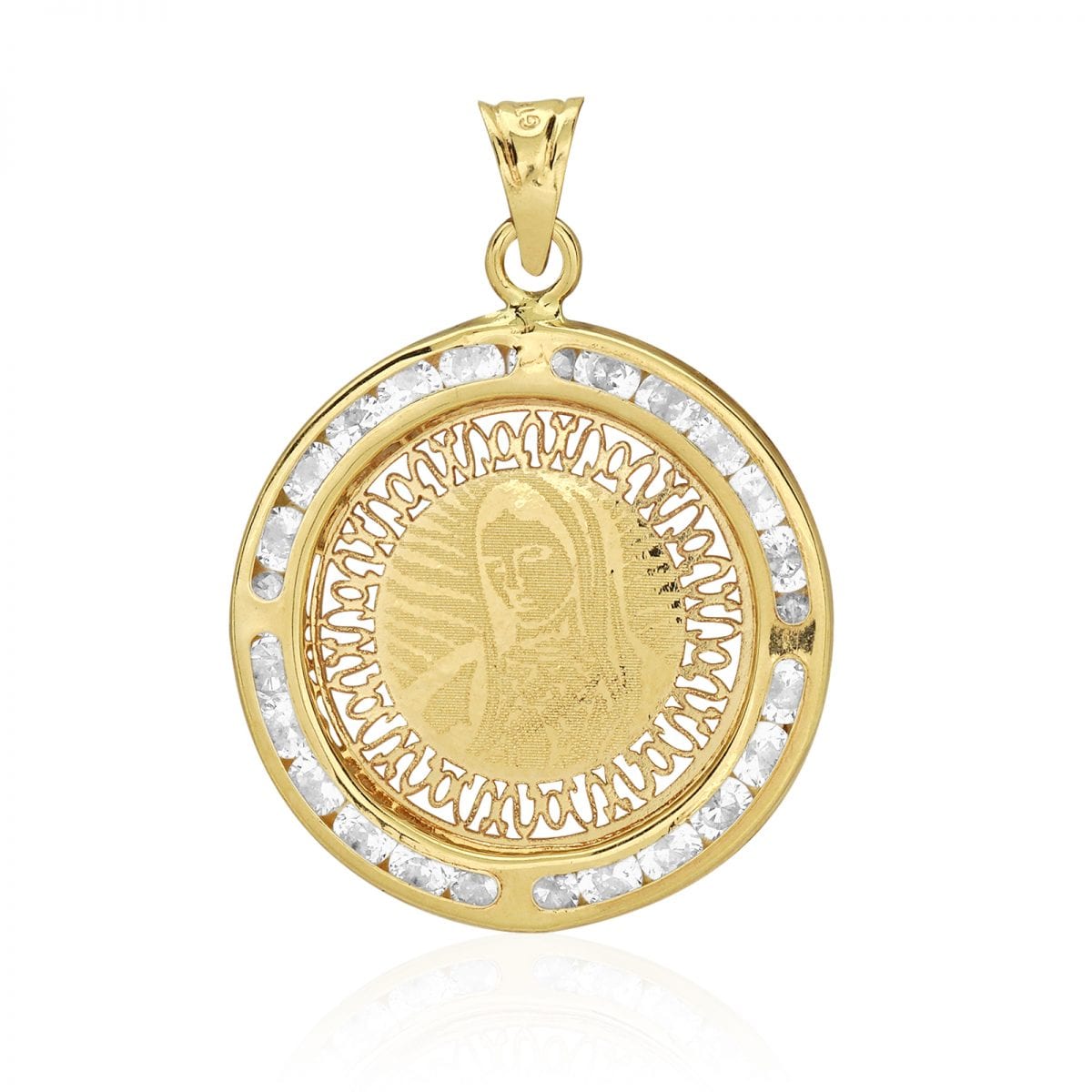 10k Yellow Gold CZ Virgin Mary Laser Medallion Pendant 1"