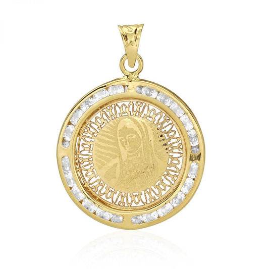 10k Yellow Gold CZ Virgin Mary Laser Medallion Pendant 1"