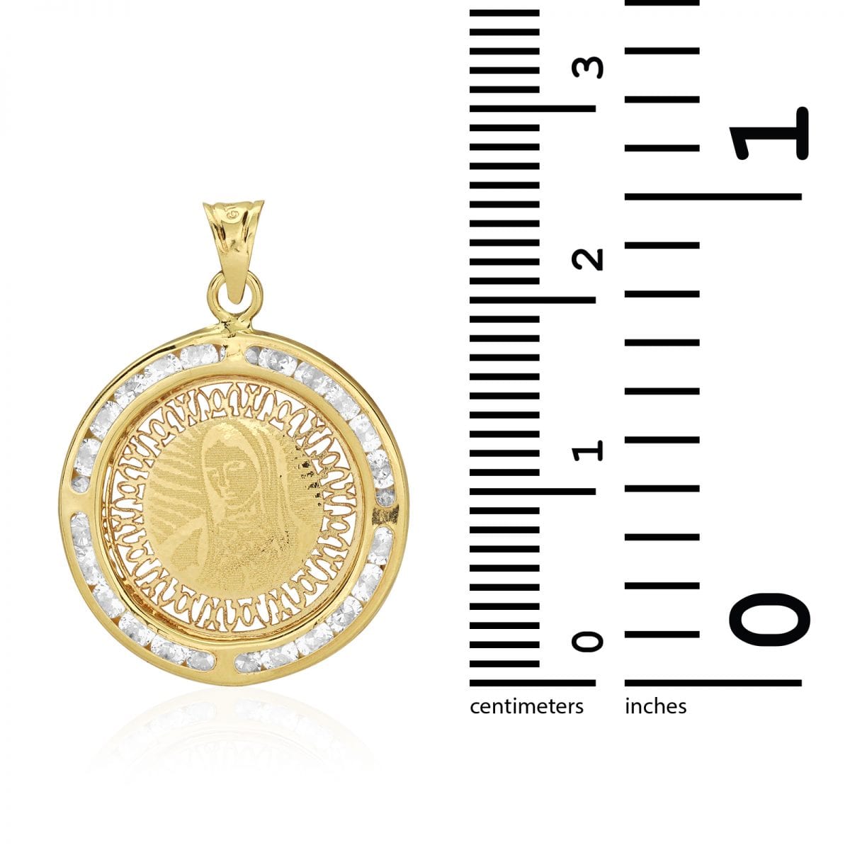 10k Yellow Gold CZ Virgin Mary Laser Medallion Pendant 1"