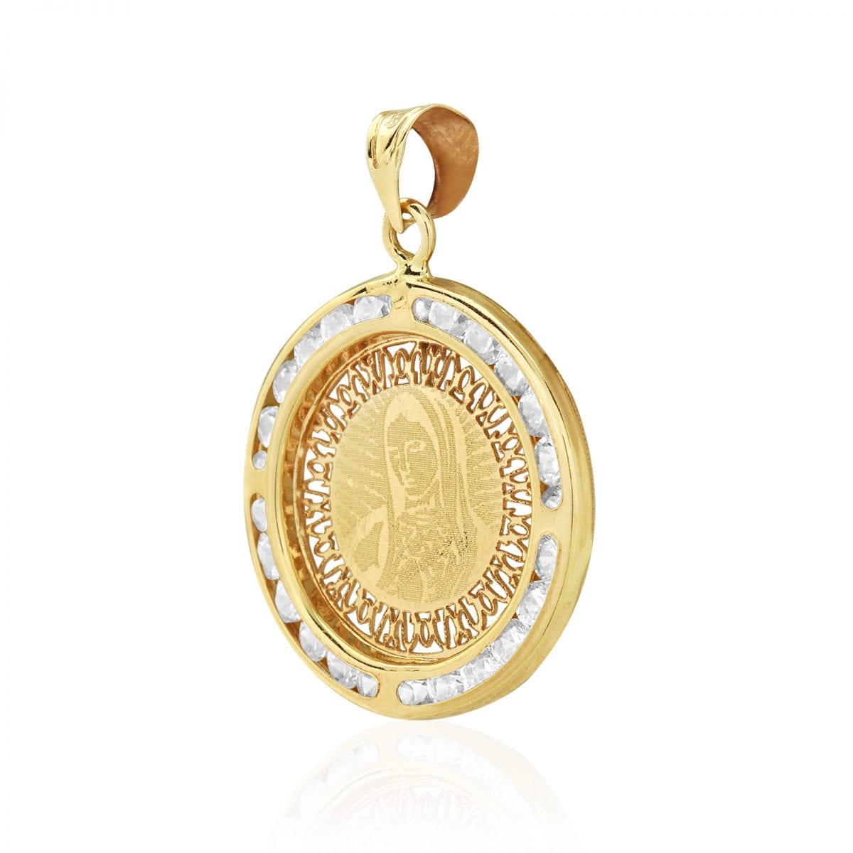 10k Yellow Gold CZ Virgin Mary Laser Medallion Pendant 1"