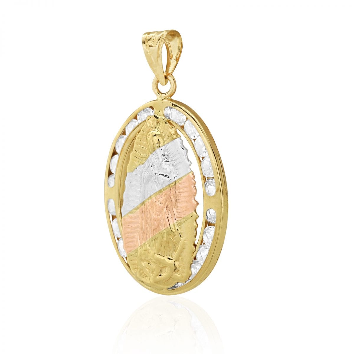 10k Yellow Gold CZ Virgin Guadalupe Oval Medallion Pendant 1.1"