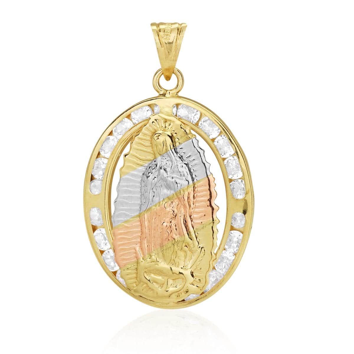 10k Yellow Gold CZ Virgin Guadalupe Oval Medallion Pendant 1.1"