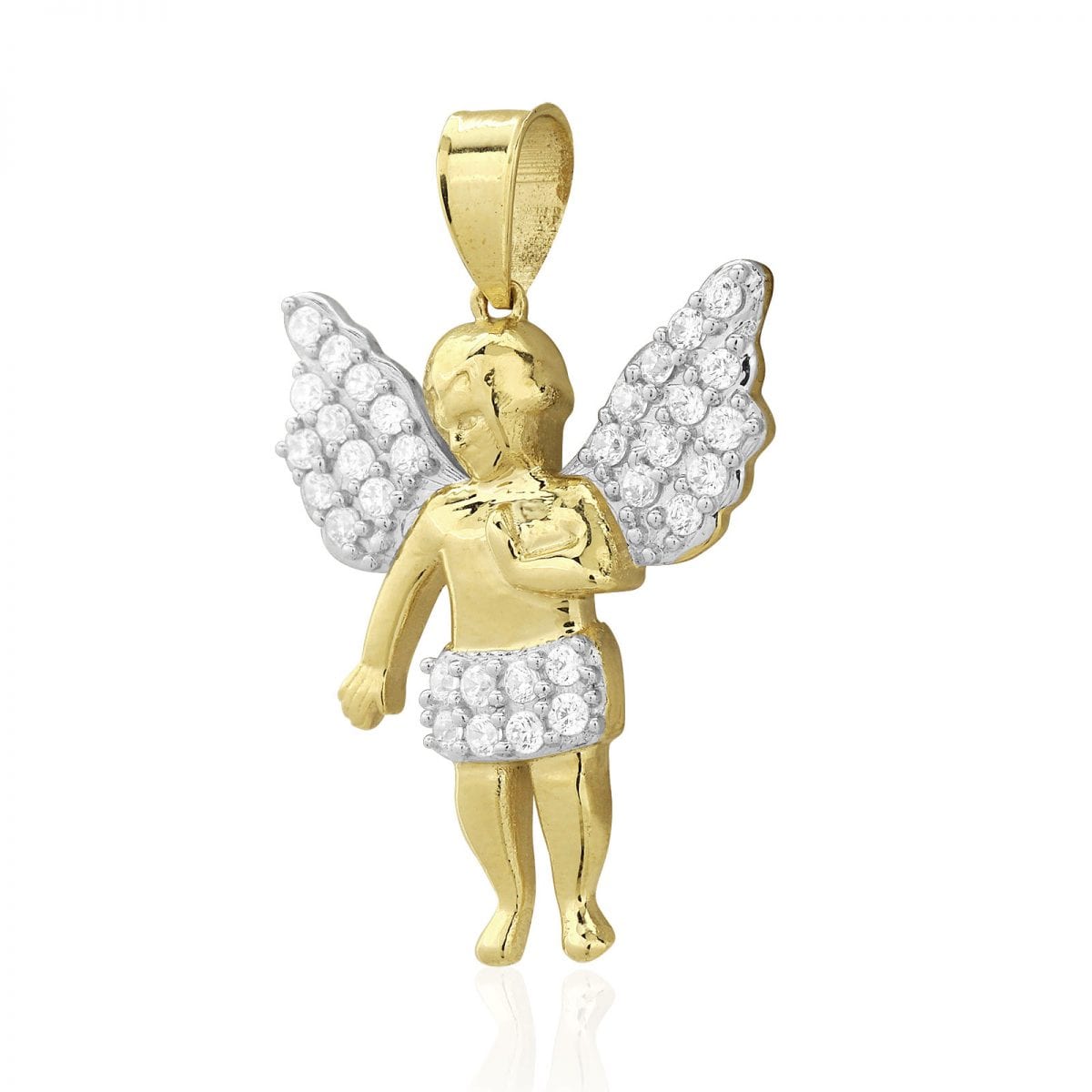 10k Solid Yellow and White Gold CZ Angel Religious Pendant 1.2"