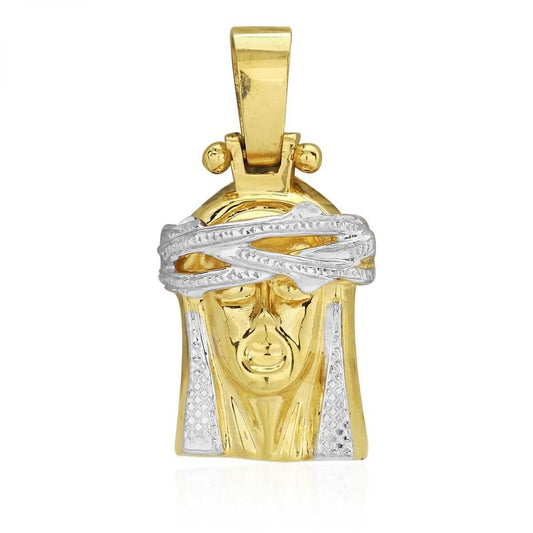 10k Solid Yellow & White Gold Diamond-Cut Jesus Head Pendant 1.5"