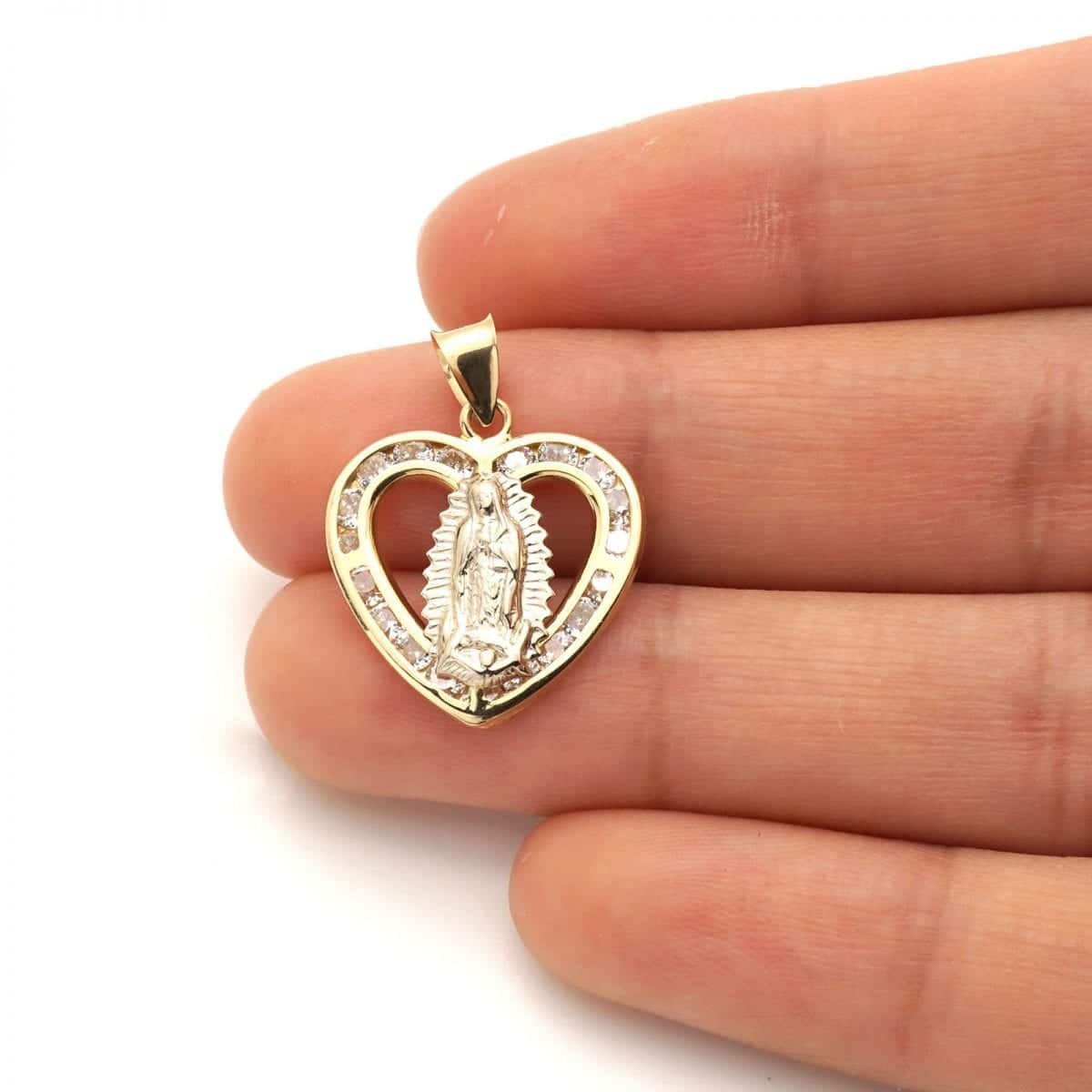 10k Yellow & White Gold CZ Virgin Guadalupe Heart Pendant 0.87"
