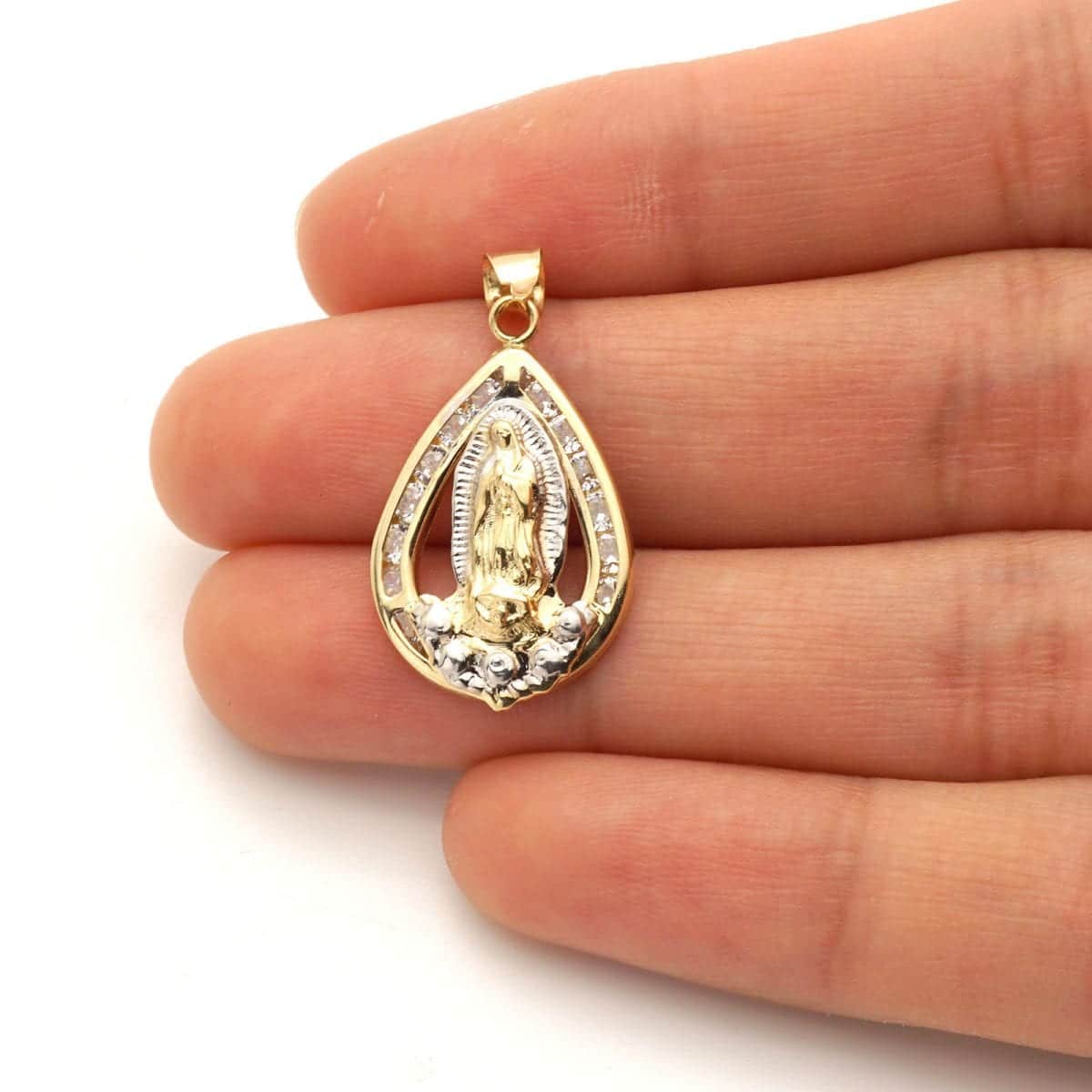 10k Yellow and White Gold Created Diamond Virgin Mary Teardrop Medallion Pendant