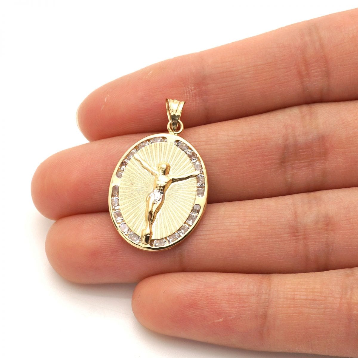 10k Yellow Gold CZ Jesus Laser Oval Medallion Pendant 1.18"