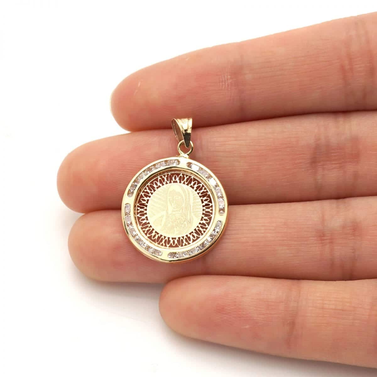 10k Yellow Gold CZ Virgin Mary Laser Medallion Pendant 1"