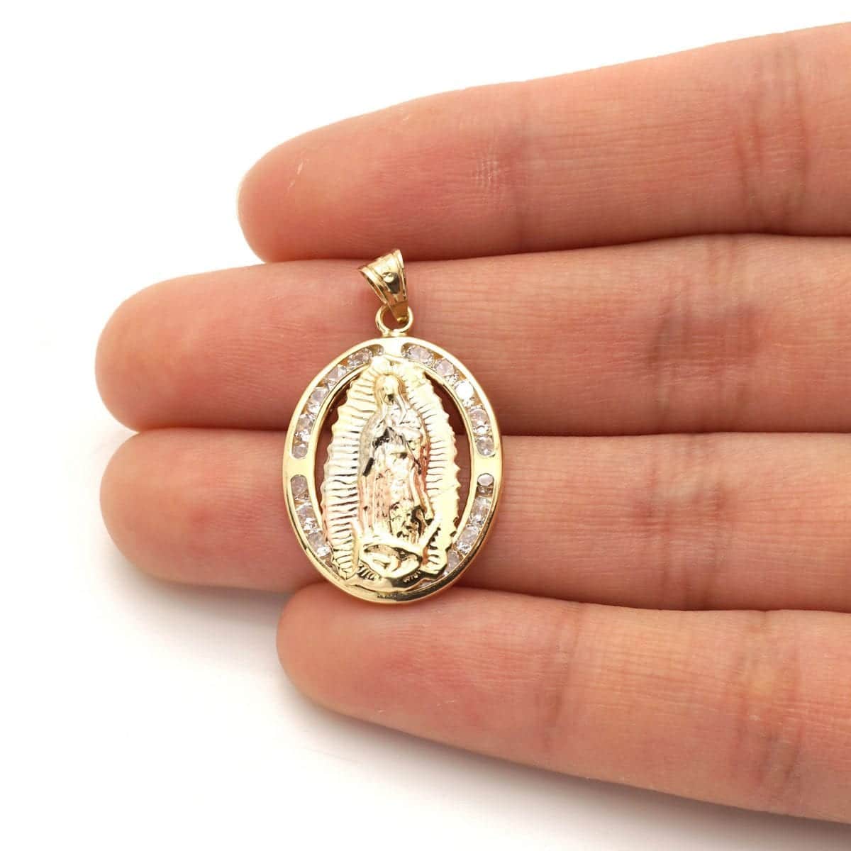 10k Yellow Gold CZ Virgin Guadalupe Oval Medallion Pendant 1.1"