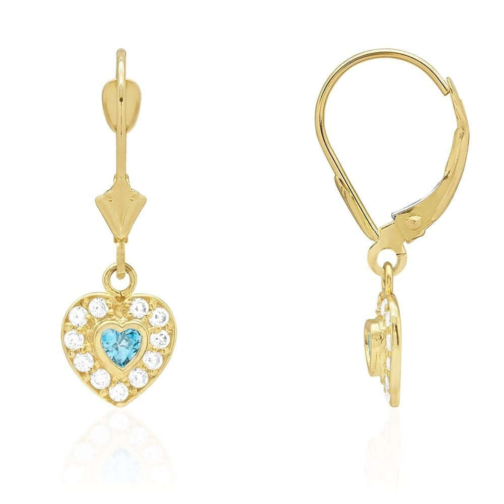 14k Yellow Gold CZ Birthstone Heart Leverback Earrings