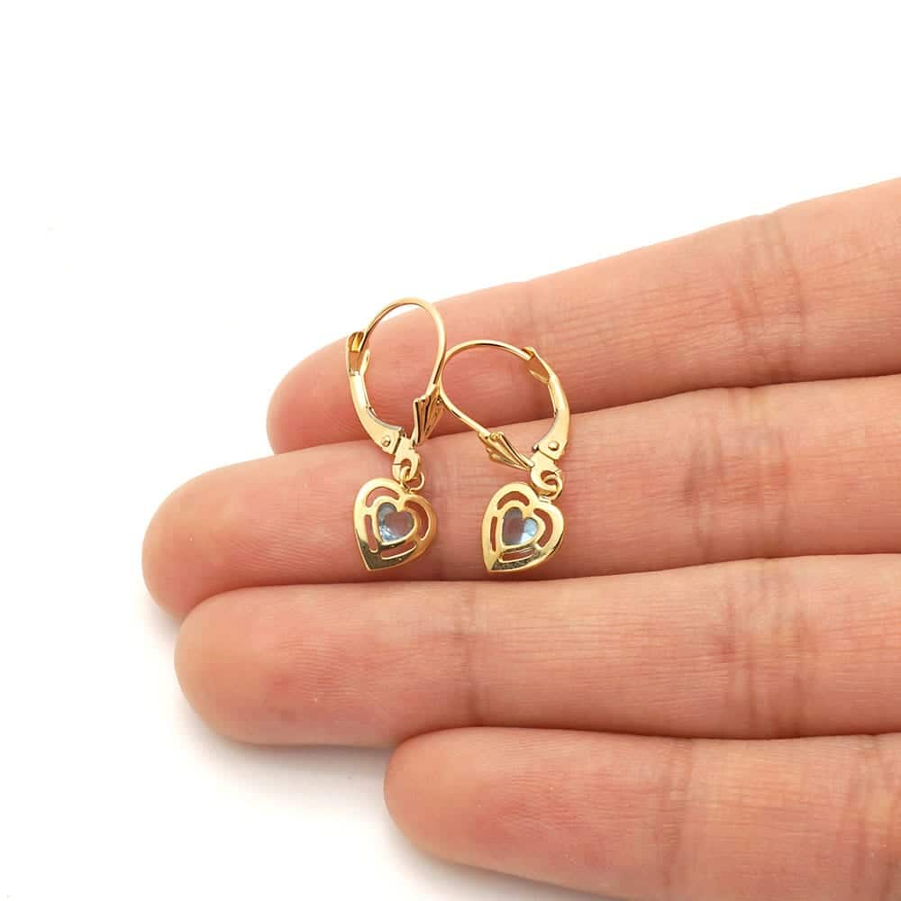 14k Yellow Gold Bezel Set Heart Shaped Birthstone Drop Leverback Earrings