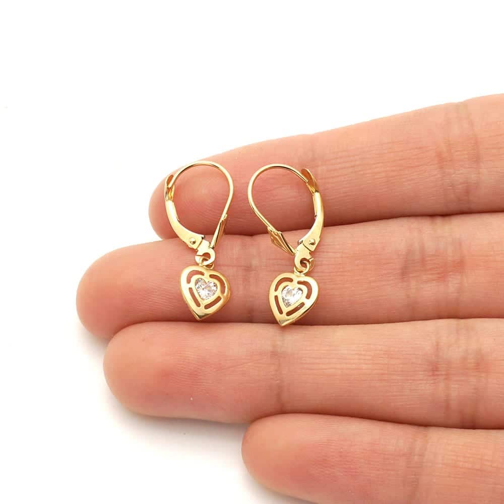 14k Yellow Gold Bezel Set Heart Shaped Birthstone Drop Leverback Earrings