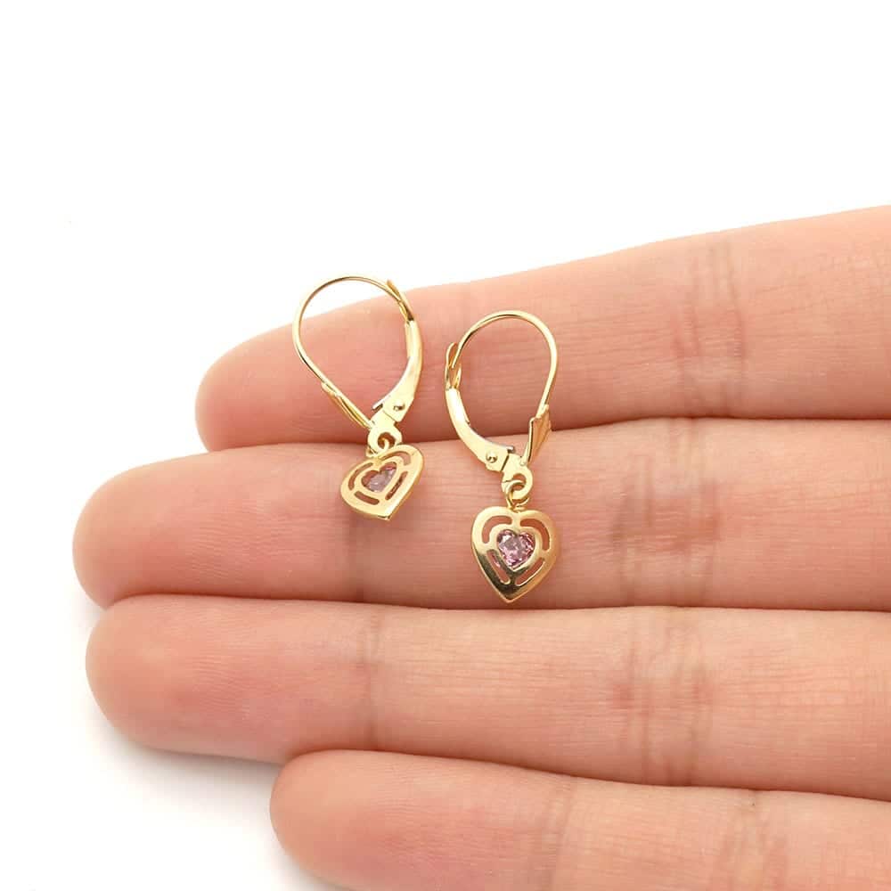 14k Yellow Gold Bezel Set Heart Shaped Birthstone Drop Leverback Earrings