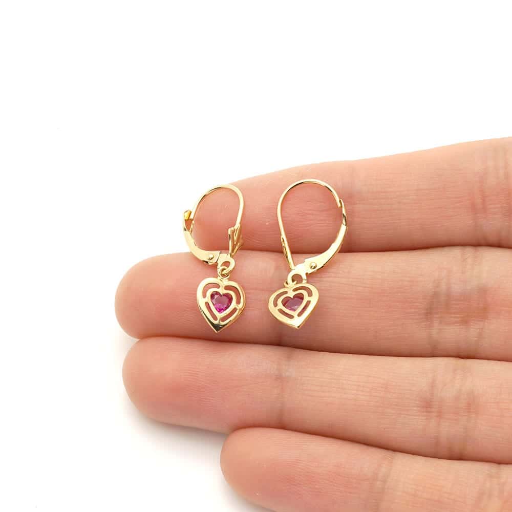 14k Yellow Gold Bezel Set Heart Shaped Birthstone Drop Leverback Earrings